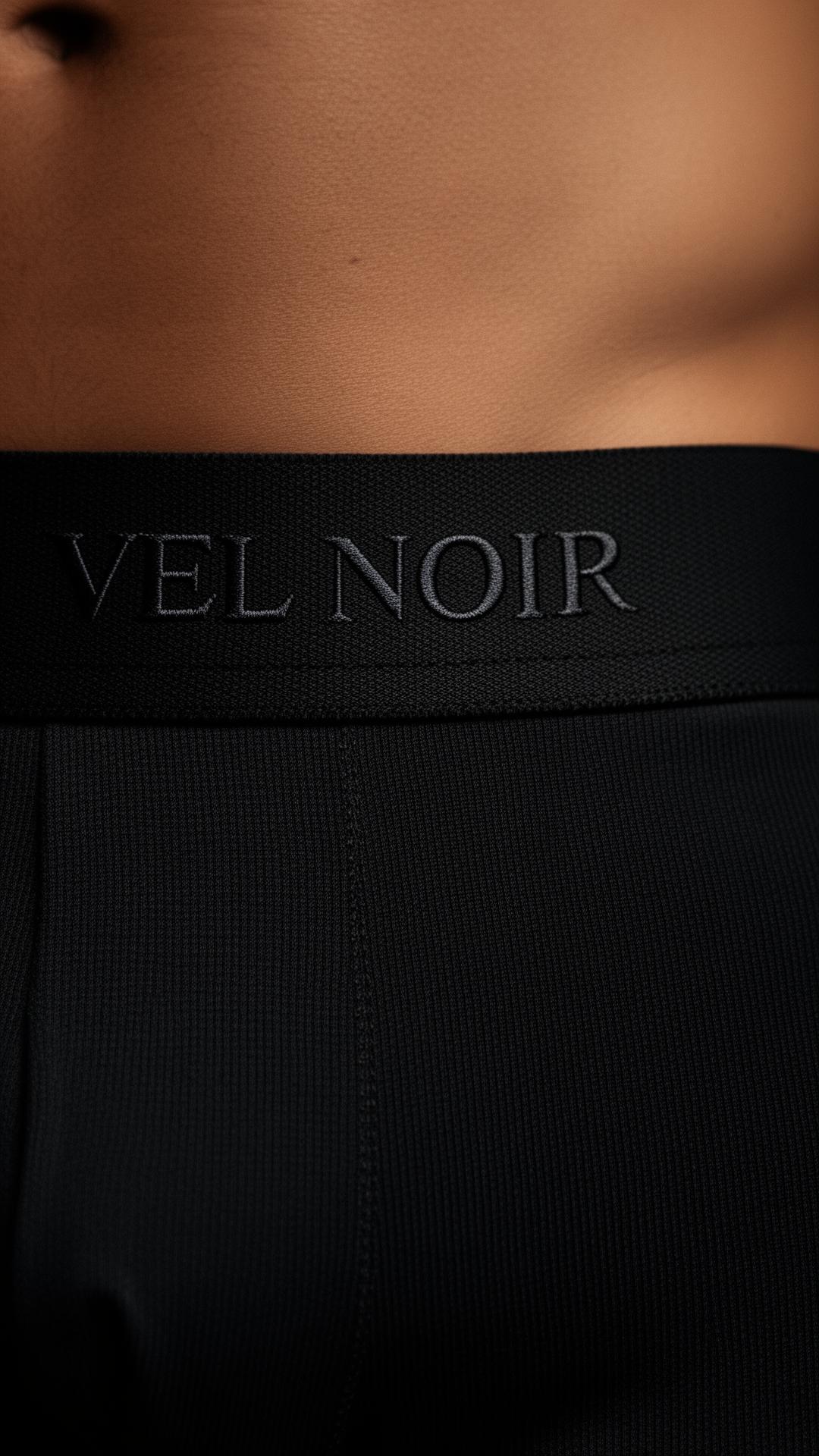 Luxury boxer brief waistband detail in matte black with gold wordmark