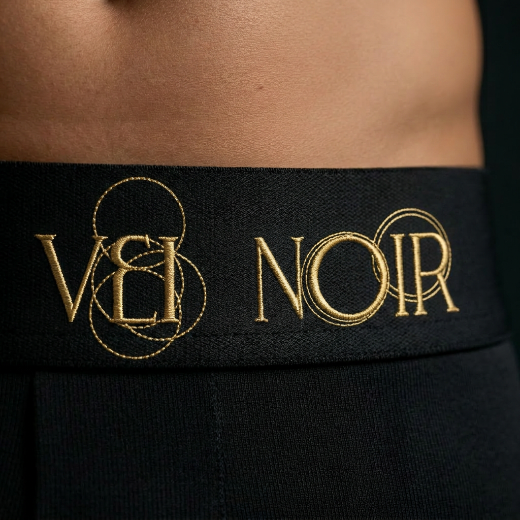 Luxury boxer brief waistband detail in matte black with gold wordmark
