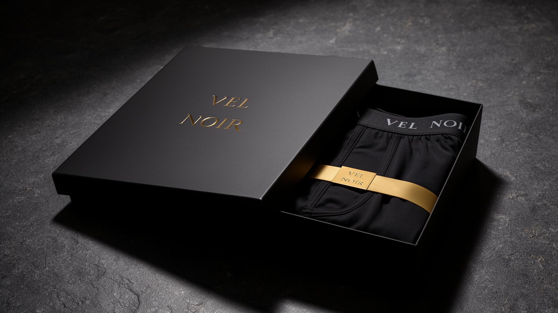 Vel Noir signature presentation box with gold foil wordmark